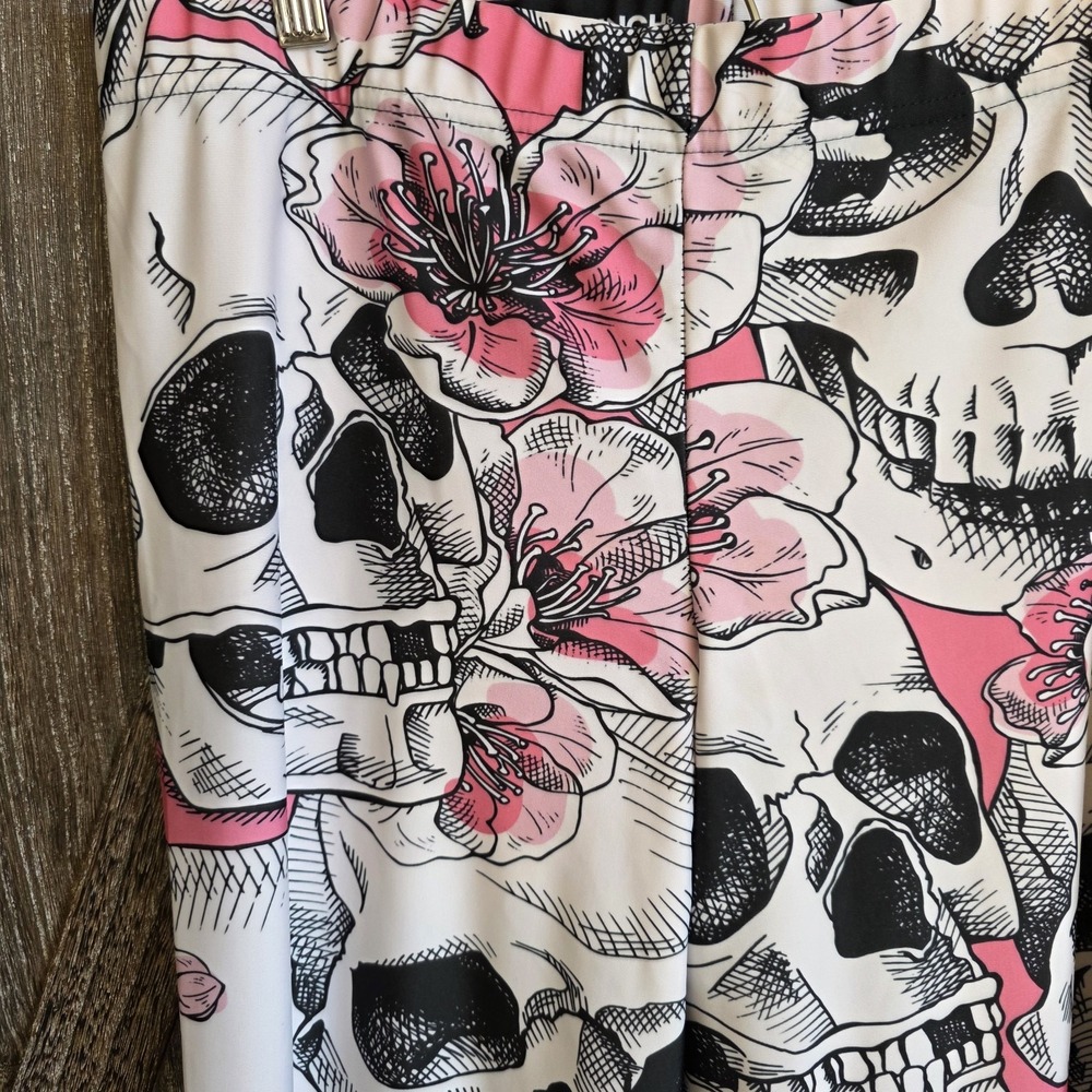 Gearbunch Leggings Women's Size 3XL White Pink Black Floral Skull Graphics - Picture 2 of 7